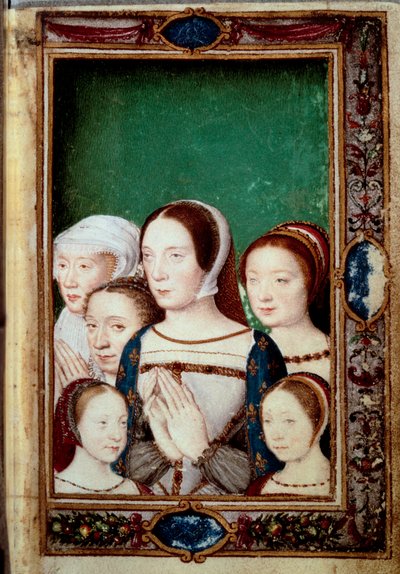 Porträtt av Francois I:s döttrar och hans två fruar. Flickor: Louise (1515 - 1517). Charlotte (1516 - 1524), Madeleine (1520-1537), Marguerite (1523-1574). Claude av Frankrike (1499-1524) och Eleonore av Habsburg (1498 - 1558). Miniatyr i "" Book of ho av Unknown artist