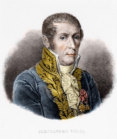 Porträtt av Alessandro (Alexandre) Volta (1745 - 1827). Italiensk fysiker, uppfinnare av det elektriska batteriet. 1800-talsgravyr av Unknown artist