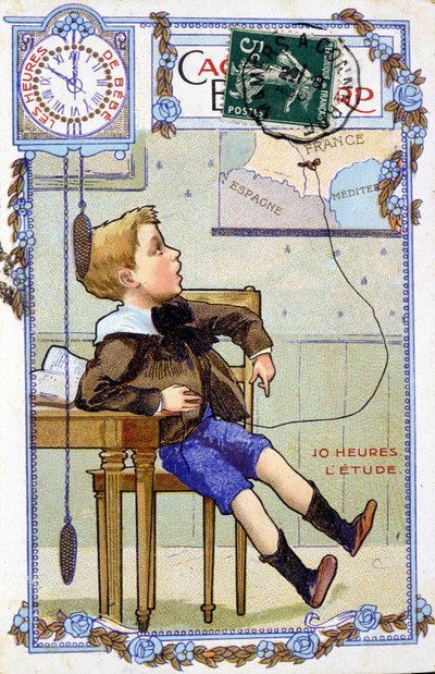 Vykort som visar loppet av ett barns dag. Klockan 10:00 är ungen i skolan. av Unknown artist