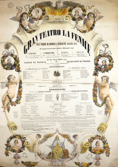 Affisch för framförandet av operan "" Aida" av den italienske kompositören Giuseppe Verdi (1813-1901) för föreställningen på teatern La Fenice i Venedig 1843-1844. av Unknown artist