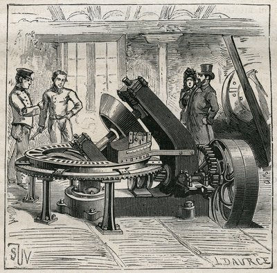 Keramik: Fleury-maskin som används för mekanisk formning av tegelstenar. Gravyr från 1885 i "" Les arts et metiers illustres"" av Adolphe BITARD. av Unknown artist