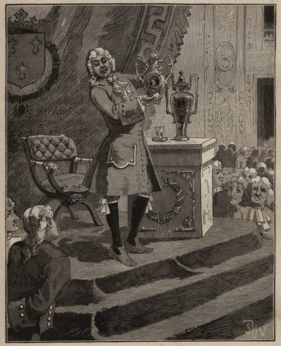 Keramik: Pierre Joseph Macquer (1718-1784) presenterar vid Akademien det första hårda porslinet som tillverkats i Frankrike av Sevres-fabriken 1769. Gravyr från 1885 i "" Les arts et metiers illustres"" av Adolphe BITARD. av Unknown artist