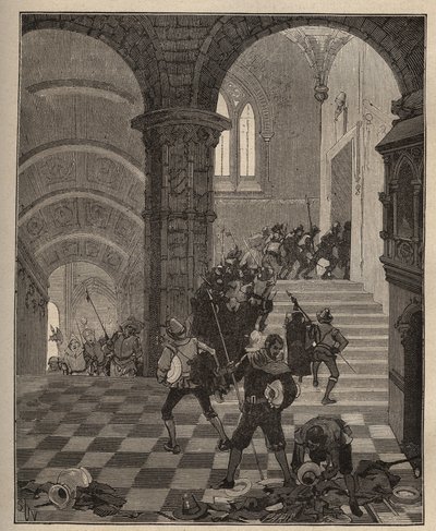 Keramik: förstörelse av "Henri II"-fabriken under plundringen av slottet Oiron (Deux Sevres) 1568 under ligan. Gravyr från 1885 i "" Les arts et metiers illustres"" av Adolphe BITARD. av Unknown artist