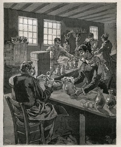 Keramik: fyllning av keramik. Gravyr från 1885 i "" Les arts et metiers illustres"" av Adolphe BITARD. av Unknown artist
