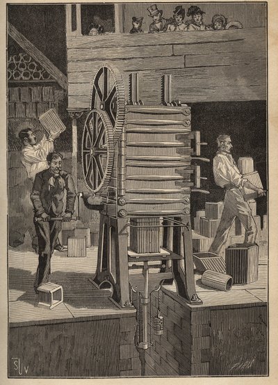 Keramik: mekanisk formning av ihåliga delar. Gravyr från 1885 i "" Les arts et metiers illustres"" av Adolphe BITARD. av Unknown artist