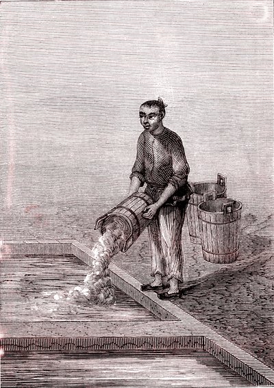 Häller kalk i bassängen, papperstillverkning i Kina (3:e århundradet f.Kr.) (gravyr) av Unknown Artist
