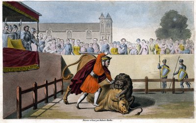 Pépin Le Brief slår ett lejon som slåss mot en tjur - gravyr av Unknown artist