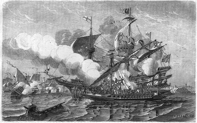 Pregnant attackerade den engelska flottan, under befäl av amiral Edward Howarth, april 1513. Gravyr från 1800-talet. av Unknown artist