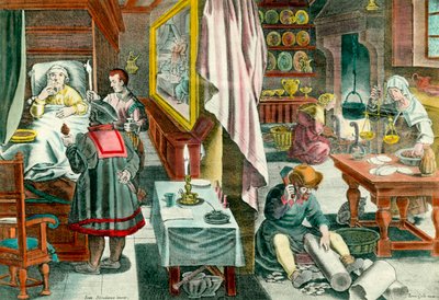 Beredning och administrering av guanobaserade läkemedel mot venerian syfilissjukdom”” Gravyr från 1600-talet. Paris. Akademin för medicin av Unknown artist