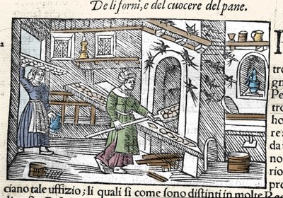 Beredning och bakning av bröd i ugn. Gravyr av Olaus Magnus (1490-1557), svensk religiös och geograf, "Historia de Gentis Septentrionalibus", Venedig av Unknown artist