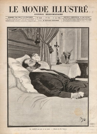 Republikens president Sadi Carnot (1837-1894) på sin dödsbädd, i ett sammanhang av facklig och anarkistisk agitation, mördades han den 24 juni på utställningen i Lyon, av Sante Caserio (1873-1894) och senare. Gravyr i "Le monde illustrious"" f av Unknown artist