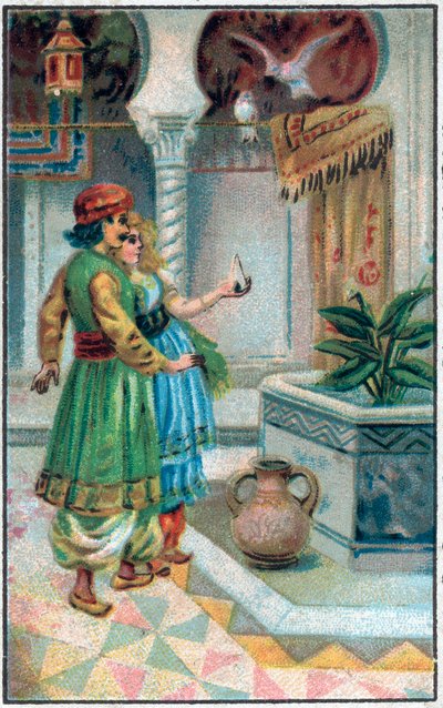 Prins Ahmed med arvodet. Prins Ahmeds historia och avgiften Paris-Banou (Pari Banou) (Paribanu). Saga om 1001 nätter (sagor om tusen och en natt). Kromolitografi från slutet av 1800-talet. av Unknown artist