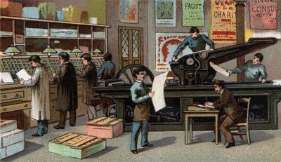 Tryckning i Frankrike på 1800-talet. Kromolitografi från slutet av 1800-talet av Unknown artist