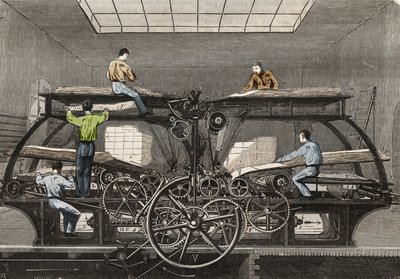 Tryckpress: tryckpress av tidningen "" Le Siecle"" i Paris. Gravyr från 1857 i "" Le Musee Des Sciences"" av Unknown artist