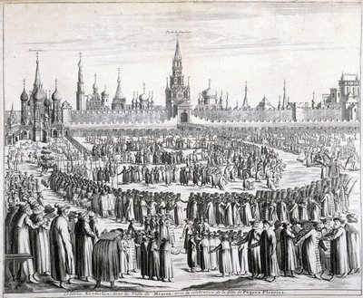 Procession av påskblommor framför den Helige Frälsaresporten och Kreml i Moskva. Gravyr av 1800-talet. av Unknown artist