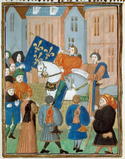 Fredsproklamation i Reims den 2 oktober 1435 efter undertecknandet av Arras-fördraget mellan kung Karl VII och hertigen av Bourgogne Filip III den gode som avslutade inbördeskriget mellan Armagnacs och burgunderna. Miniatyr från "" Kings and quee av Unknown artist