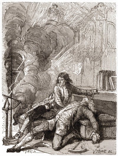 Professor Georges Guillaume Richmann (1711-1753) dog i sin verkstad efter ett experiment med en elektrometer av Unknown artist