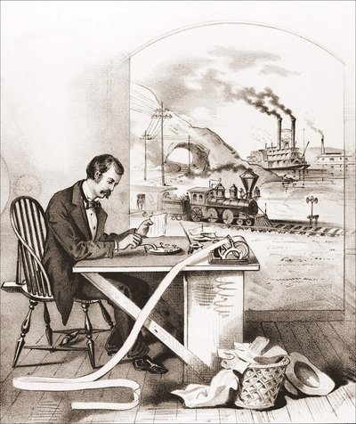 Århundradets framsteg (1800-talet): Morse-telegrafi, Dawn Boat, Train, etc. Gravyr från 1800-talet. av Unknown artist