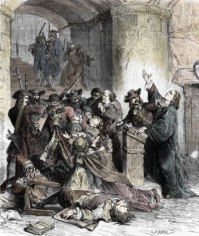 Förbud mot predikningar och arrestering av protestanter efter upphävandet av Edit de Nantes (dragonnader under Ludvig XIV (1681-1686): Katolska soldater (drakar) massakrerar protestanterna. 1800-talet (gravyr) av Unknown artist