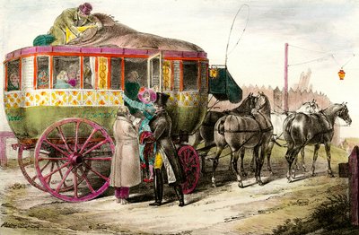 Kollektivtrafik: passagerare som kommer in i Parisienne Diligence. Gravyr av 1800-talets privatsamling av Unknown artist