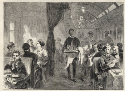Pullman matvagn från Pacific Railways 1869 - inne i ett vagnhotell på Pacific Railway - av Unknown artist