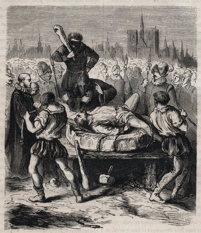 Bestraffning av Francois Ravaillac (1578-1610) mördare av kung Henrik IV (1553-1610) på Place de Greve i Paris 1610 - Gravyr från 1879 i "Historien om hemliga, politiska och religiösa sällskap" av Pierre Zaccone (1817-1895) av Unknown artist