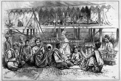 Dockteater med musiker i Burma gravyr i "The Illustrous World"" av Unknown artist