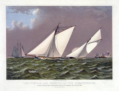 Puritanska segelbåtar och Genesta under en av America