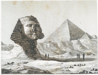 Pyramiderna i Giza: utsikt över Sfinxen och den stora pyramiden, tagen från sydost - i "" Beskrivning av Egypten"", Imperial Editions av Unknown artist