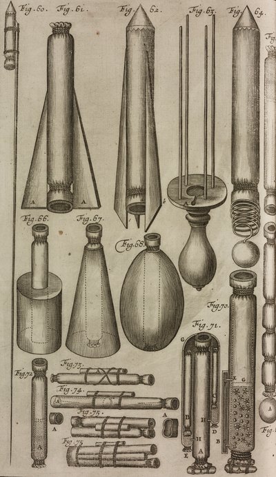 Pyrotekniska raketer och instrument, gravyr från Grand Art d