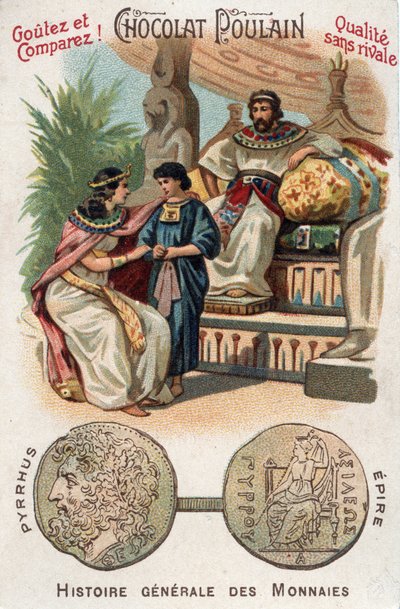 Pyrrhus I (eller Pyrrhos) kung av Epire från 306 till 272 f.Kr. I Myntens allmänna historia. Choklad-fölkromolitografi från slutet av 1800-talet. Privat samling. av Unknown artist