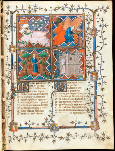 ""Fyra män upptagna med olika aktiviteter"" upplyst sida från manuskriptet ""Le Roman de la Rose"" av Guillaume de Lorris (cirka 1200-1238) och Jean de Meun (Meung) (1240-1305) runt 1353 Schweiz, Genève bibliotek av Unknown artist