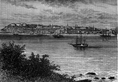 Quebec City, Kanada, från högra stranden av St. Lawrence (St. Lawrence). Gravyr i "" Le Journal de la jeunesse"" av Unknown artist