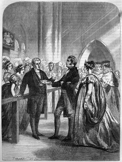 Drottning Caroline (Caroline av Brunswick-Wolfenbutte (Brunswick Wolfenbutte) (drottninggemål till kung George IV av Storbritannien) avvisades från dörren till Westminster Abbey 1820 (gravyr) av Unknown artist