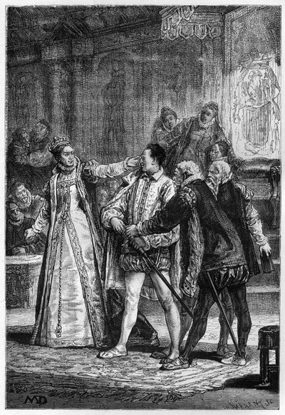 Drottning Elizabeth I av England slår den 2:e greven av Essex Robert Devereux av Unknown artist