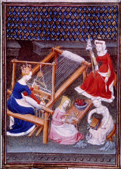 Drottning Tanaquil, hustru till den romerske kungen Tarquin den äldre, vävande miniatyr ritad från "" De mulieribus claris""" (Lätta och ädla kvinnor)"" av Giovanni Boccaccio (Boccaccio) (1313-1373) av Unknown artist