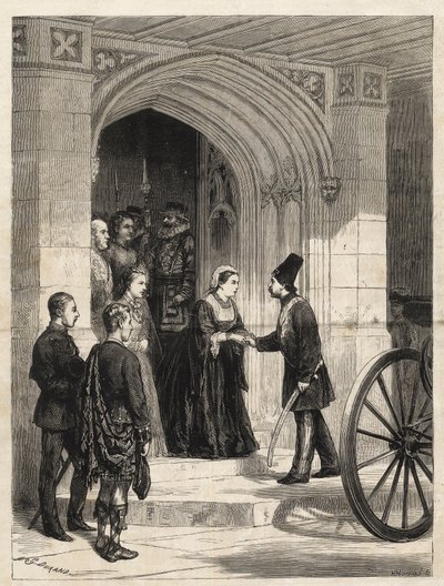 Drottning Victoria tar emot Shahen av Persien (Naser al-Din Shah Qajar - Nassereddin Shah Qajar) (Nasser al-Din eller Nassereddin Shah, Nassiruddin Shah eller Nasir al Din) (1831-1896) vid suveränens ingång, Windsor Castle - 1873 Gravyr från 