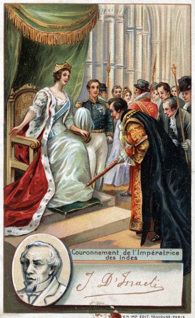 Drottning av England Victoria krönte Imperatrice av Indien 1877 med stöd av Benjamin Disraeli (1804-1881) brittisk författare och politiker. Kromolitografi av 1800-talet. av Unknown artist