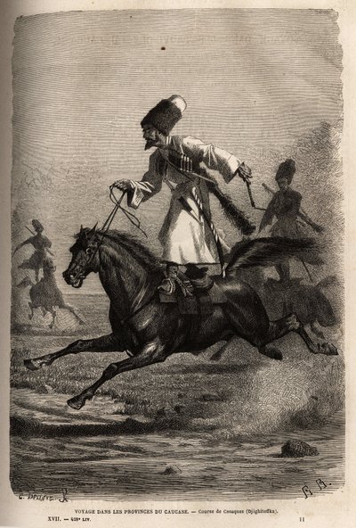 Race of Cossacks, klättrar i balans stående på sin sadel, ryttare piskar sina hästar för att få dem att galoppera. Gravyr för att illustrera resan i provinserna i Kaukasus, av Basile Vereschaguine, 1864-1865, publicerad i "" Le tour du monde, nouvea av Unknown artist