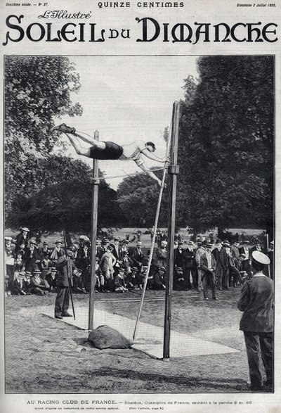 Racingklubb i Frankrike. Sheldon, Frankrikes mästare, hoppar 2, 95 m för att hoppa a la Perche. Gravyr i "" Le sun-du-dimanche"", 2 juli av Unknown artist