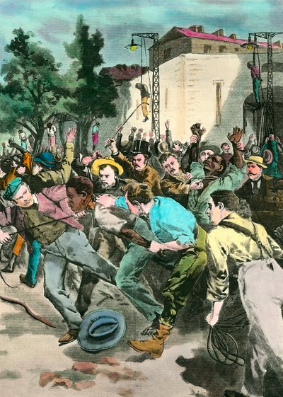 Rasismscen: Svart lynchning i USA anklagade för att ha dödat vita människor. Gravyr av 1800-talet. av Unknown artist