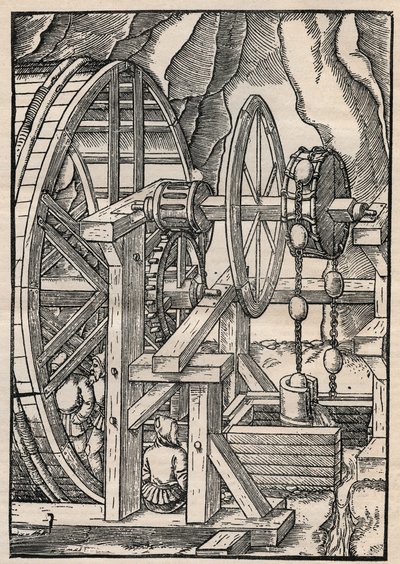 Tras-och-kedja pump för att tömma en mina som drivs av män på löpband. Från Agricola (George Bauer) De re metallica, Basel av Unknown artist