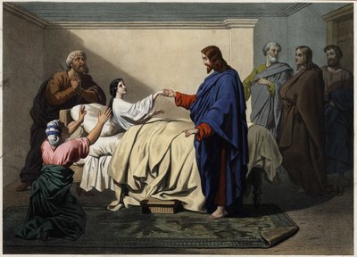 Uppfostran av Jairus dotter - Jesus räddar Jaires dotter (Jairus eller Jairos). Anonym gravyr från slutet av 1800-talet. av Unknown artist