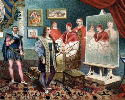 Raphael (Raffaello Sanzio) som arbetar på porträttet av påven Leon X (leone 10) omger kardinalerna Jules de Medicis (Giulio) (påven Clemens VII) av Unknown artist