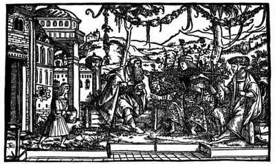 Raphaël Hythlodée, en resenär som tillbringade fem år i Utopia, berättar för Thomas More och Pierre Gilles om sin resa. Xylografi publicerad i upplagan av "Utopia" av Thomas More (1478 - 1535) från 1516. av Unknown artist