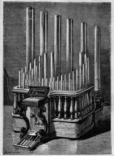 Sällsynta eller imaginära instrument: Pyrofonen eller "sjungande lågor", av Frederic Kastner (instrument som genererar lågor som drivs av gasstrålar). av Unknown artist