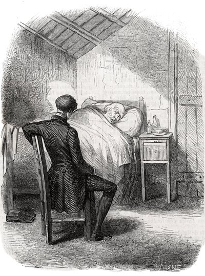 Rastignac förblev ensam nära den gamle mannen, sittande vid fotändan av sängen... Gravyr i mitten av 1800-talet. Illustration till "The Father Goriot" av Honore de Balzac (1799-1850). av Unknown artist