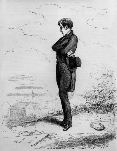 Rastignac förblir ensam, tog några steg upp på kyrkogården... av Unknown artist