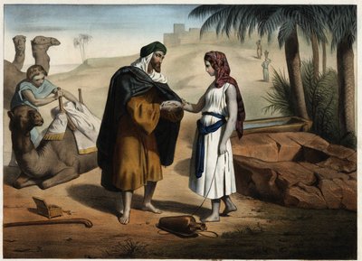 Rebecca och Eliezer till brunnen: Eliezer från Damaskus, anklagas för att hitta en hustru åt Isaac i Mesopotamien, för Rebecca tillbaka. Anonym gravyr från 1800-talet. av Unknown artist