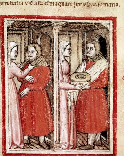 Rebecca ger sin son Jacob, iklädd Esaus kläder, en tallrik med barnkött så att han kan ta henne till sin blinda far Isaac och ta hennes välsignelse istället för Esau Miniature från Codex 212 (eller padovano eller Bible of Padua) 1390-1400 Rovigo, Accademia av Unknown artist
